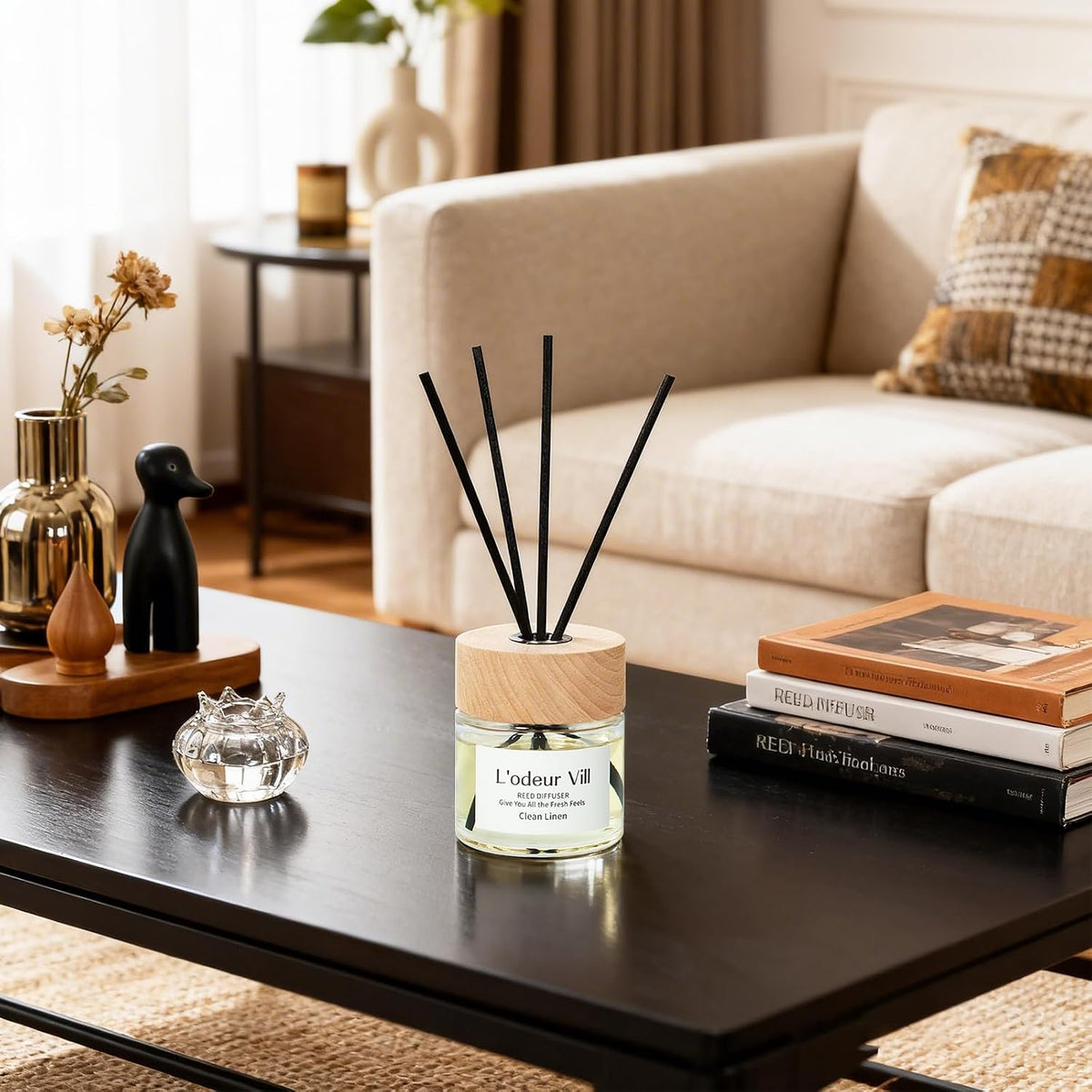 L'odeur Vill Reed Diffuser Set,Clean Linen 3.4 fl oz(100 ml) Oil Diffuser with 6 Reed Sticks, Home Fragrance Reed Diffuser for Bathroom Shelf Decor Scent Diffuser