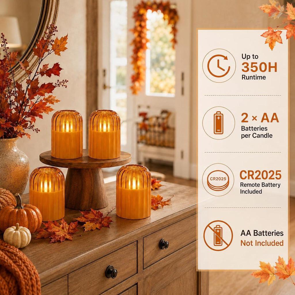 Fall Decorations for Home, Orange Glass Flameless Candles with Remote & Timer, Set of 4 Real Wax LED Pillar Candles with Dancing Flickering Flame, 3" x 4"/5", Halloween Thanksgiving Christmas Decor