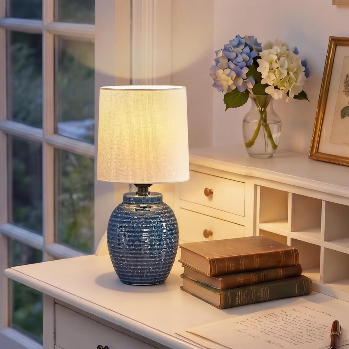 EJIAXIN Small Bedside Lamps -13.75" Farmhouse Table Lamps - Classic Ceramic Table Lamp for Bedroom, Living Room, Nightstand, Office, Side Desk Lamp, End Table