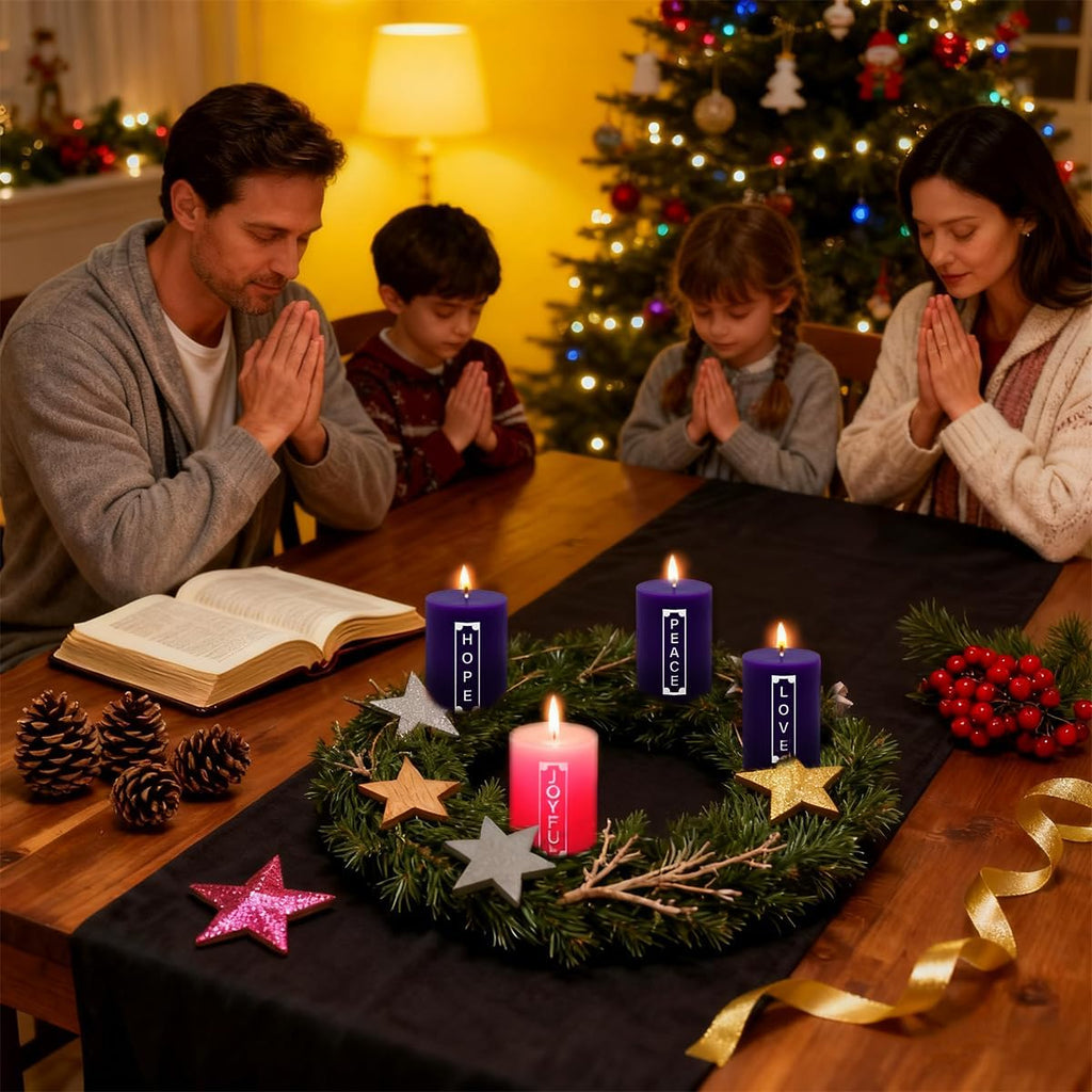 Set of 4 2x3 Inch Advent Pillar Candles with Words Peace, Love, Hope and Joyful, Unscented Purple and Pink Christmas Seasonal Candles - 24 Hour Burn Time