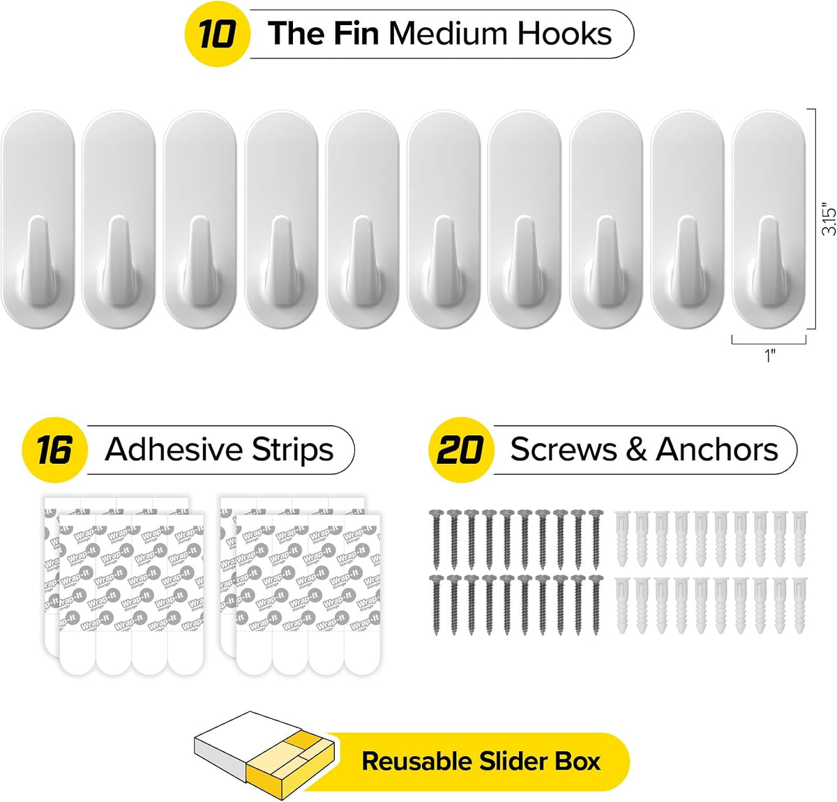 Wrap-It Storage Handy Hooks - The Fin Medium 10 Pack (White)