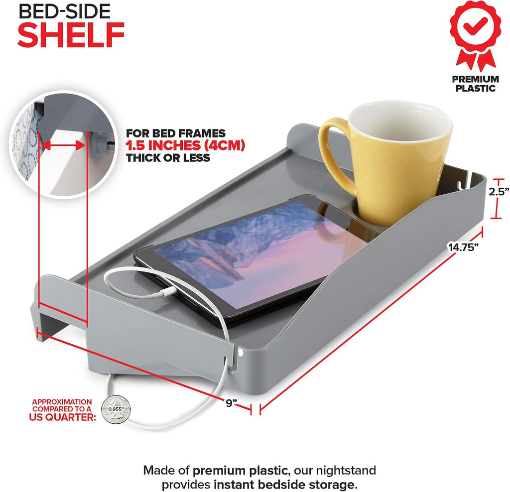Modern Innovations Bedside Shelf for Bed, College Dorm Room, Bunk Bed Shelf for Top Bunk, Clip On Nightstand Tray with Cord and Cup Holder, Bunkbed Caddy for Table Storage (Dark Gray)