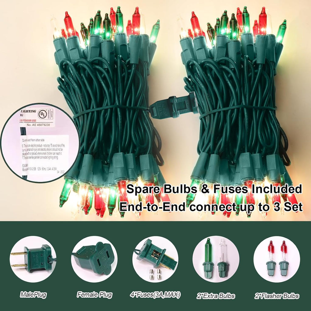 LAMPHOME Super-Bright Extendable Warm White Green red Christmas Lights Decoration 150Lights 31.9ft UL Certified Mini Bulb String Lights for Outdoor Christmas Tree Garden Patio Wedding Decor