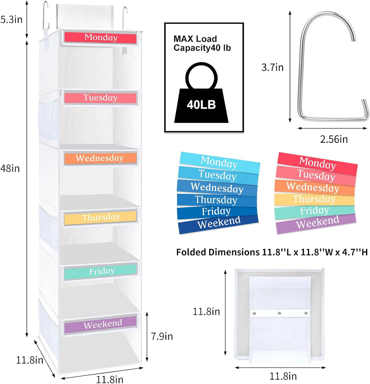 Fixwal Weekly Kids Clothes Organizer 6-Shelf Hanging Closet Storage White