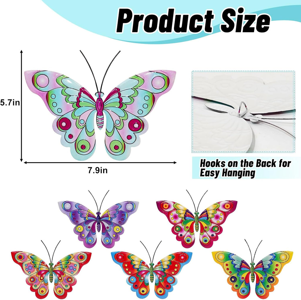 YOADEHOA 6Pcs Metal Butterfly Wall Decor, 3D Colorful Outdoor Fence Wall Art Decor, Hanging Wall Art Decoration for Garden Yard Living Room Bedroom Patio Balcon(Butterfly A)