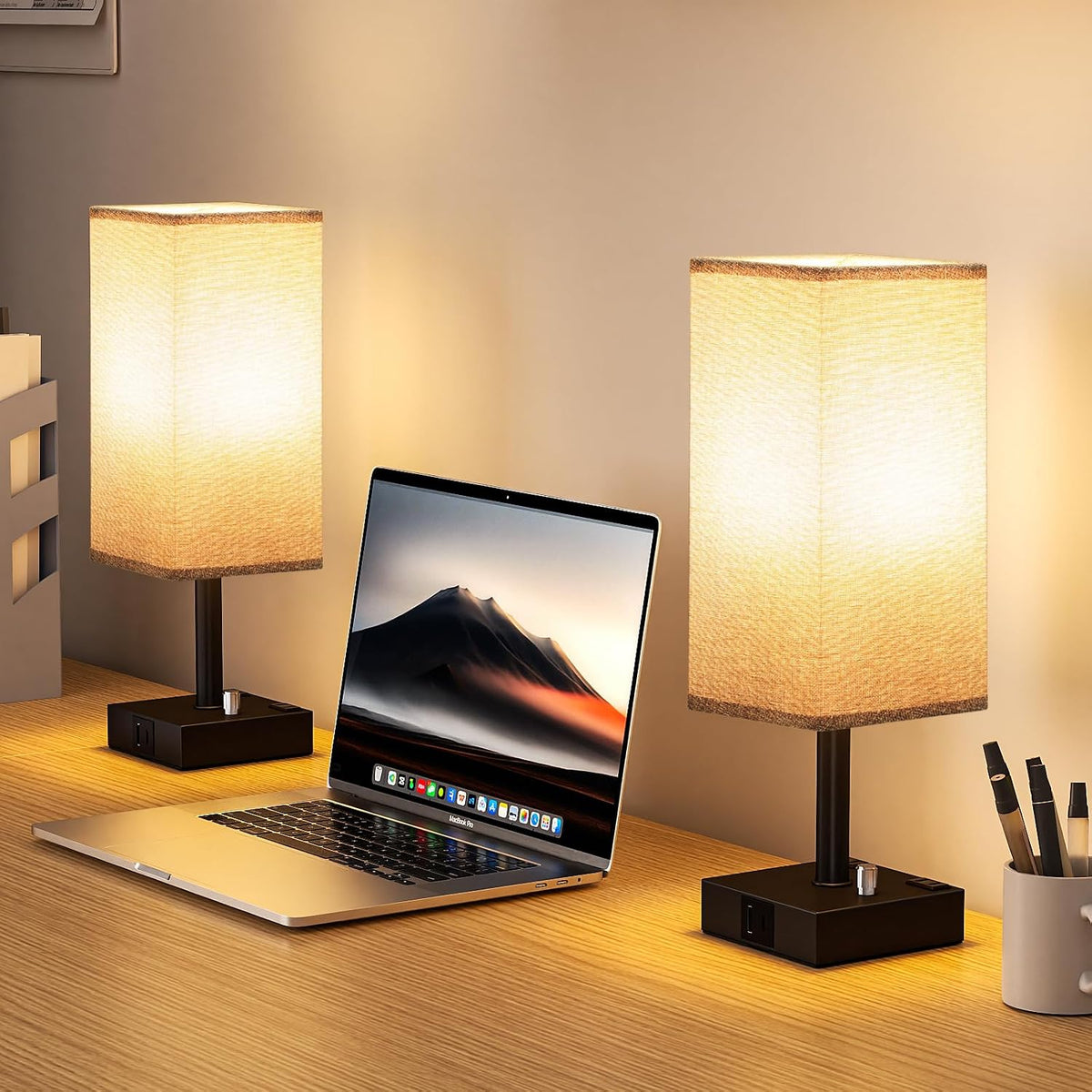 Grey Bedside Table Lamps Set of 2 - Dimmable, USB C+A, 2 AC Outlets