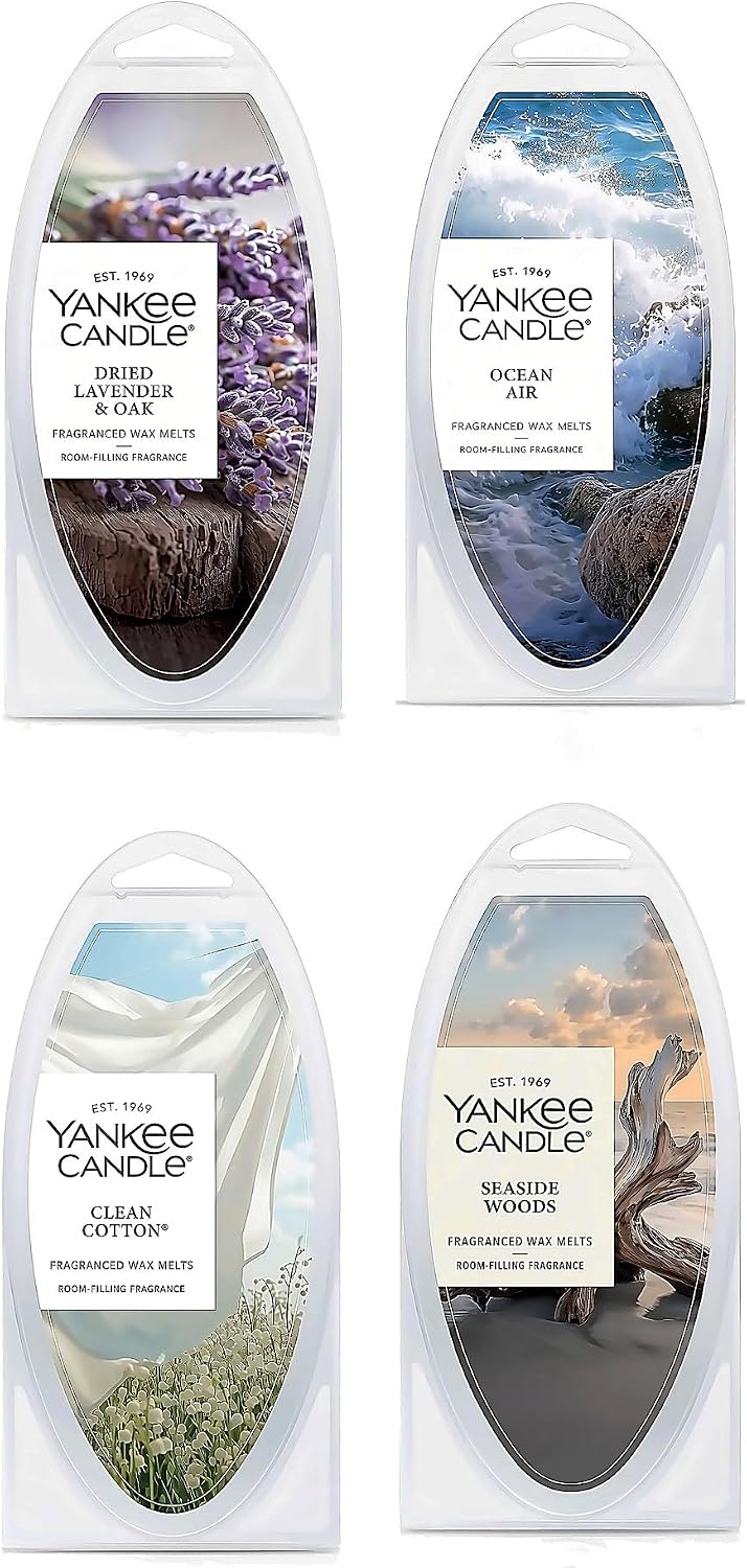 Yankee Candle Fresh & Clean Fragranced Wax Melts Variety Pack, 6 Wax Spheres per Package, Pack of 4 (24 Cubes Total), Clean Cotton, Ocean Air, Dried Lavender & Oak, Seaside Woods