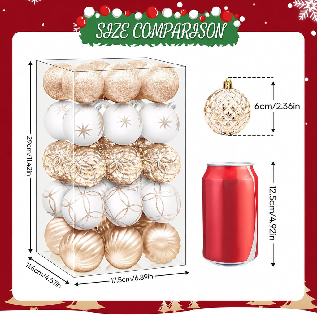 2.5 Inch Christmas Ball Ornaments, 60-Piece Set, Champagne & White