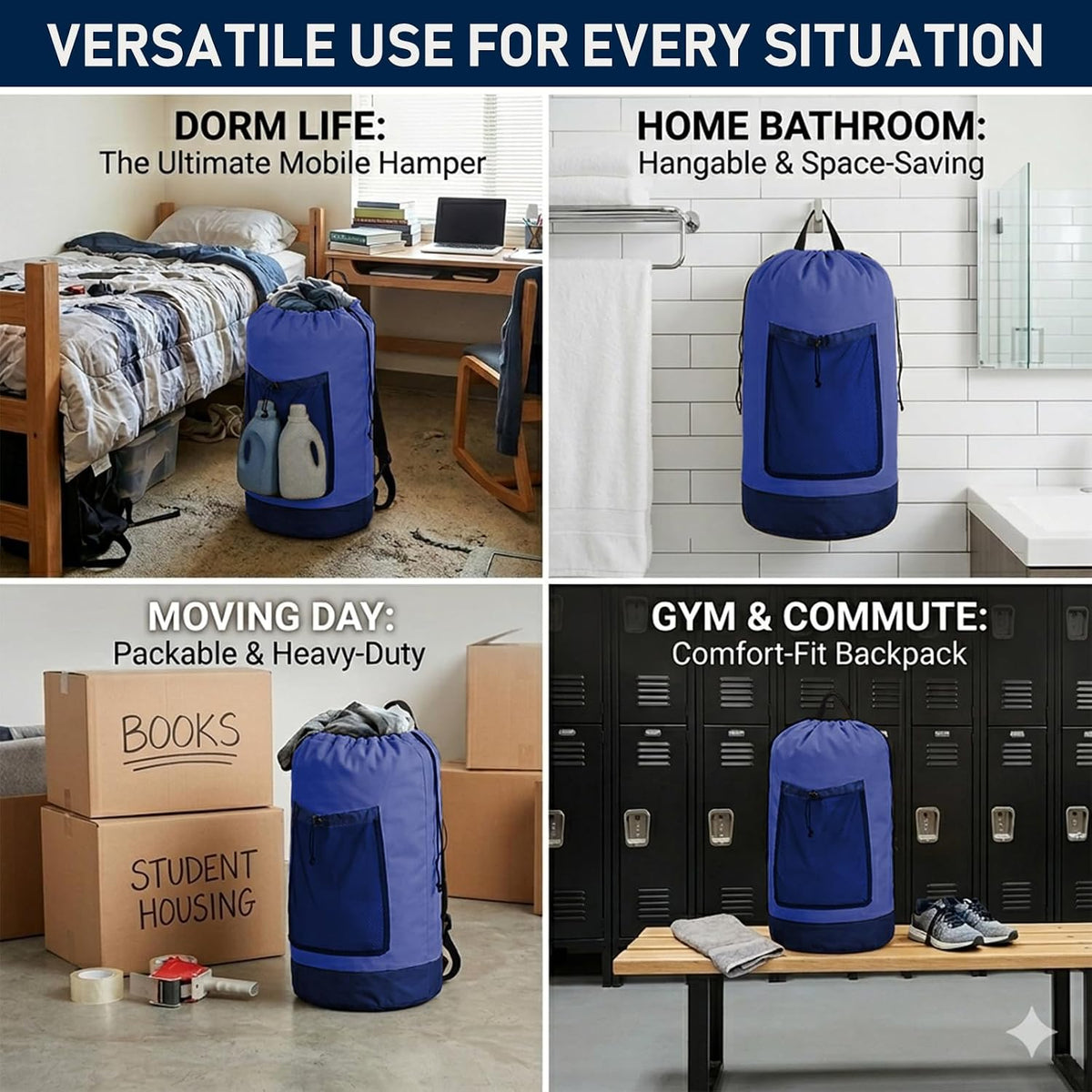 Backpack Laundry Bag, Durable polyster Laundry Backpack Bag with Shoulder Straps, Drawstring Closure & Mesh Pocket, Large Clothes Hamper for Dorm, Travel, Laundromat (Blue)