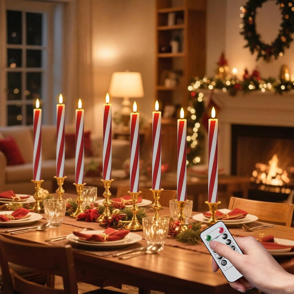 Candy Cane Flameless Taper Candles Battery Operated Remote Timer