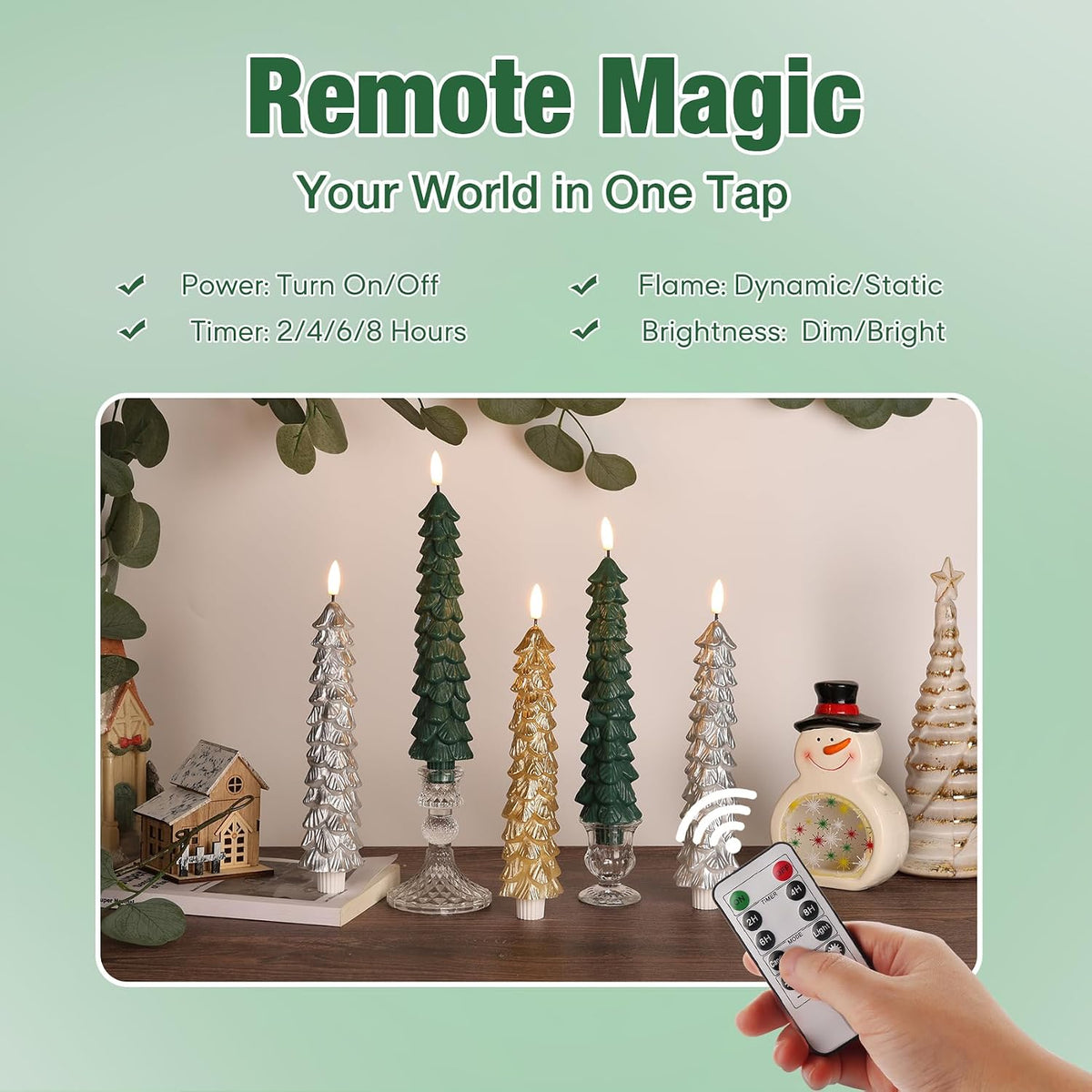 Eywamage Green Christmas Tree Flameless Taper Candles with Remote Set of 2