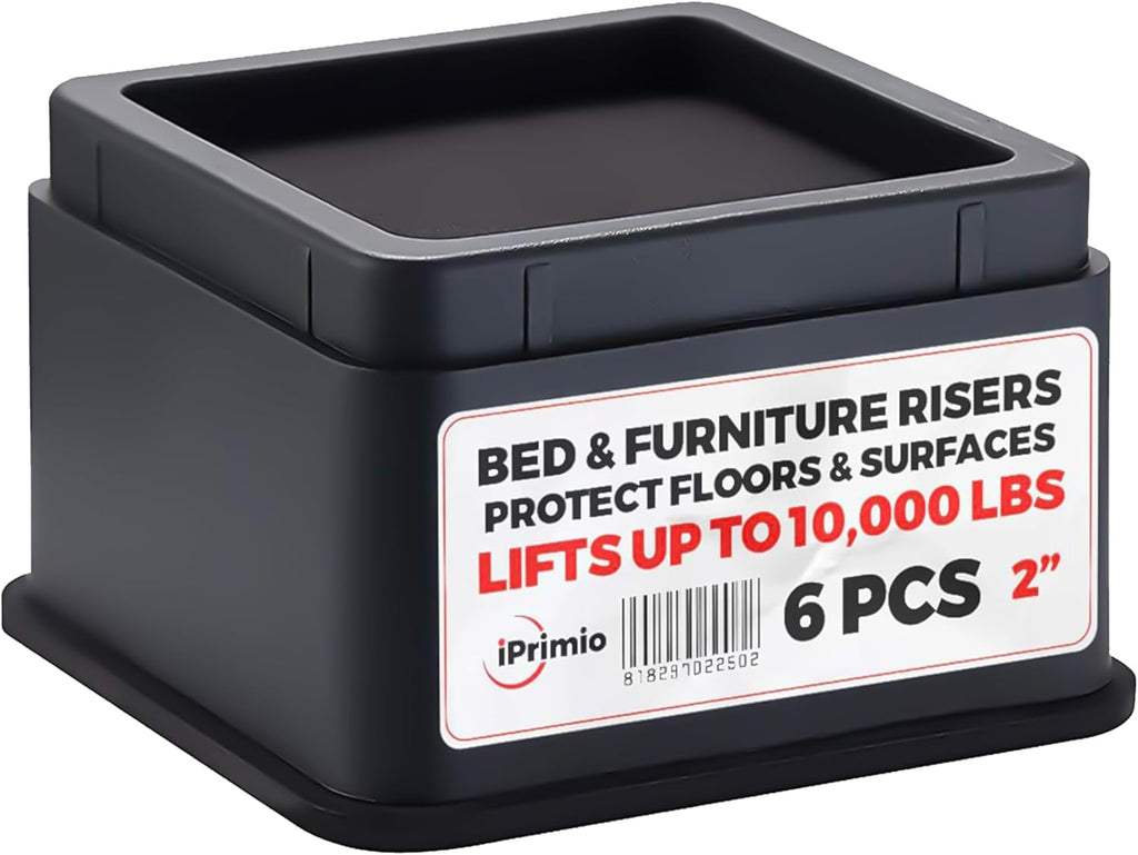 iPrimio Bed Risers 2" Lift, Heavy Duty for Dorm, Square, Black, 6 Pack