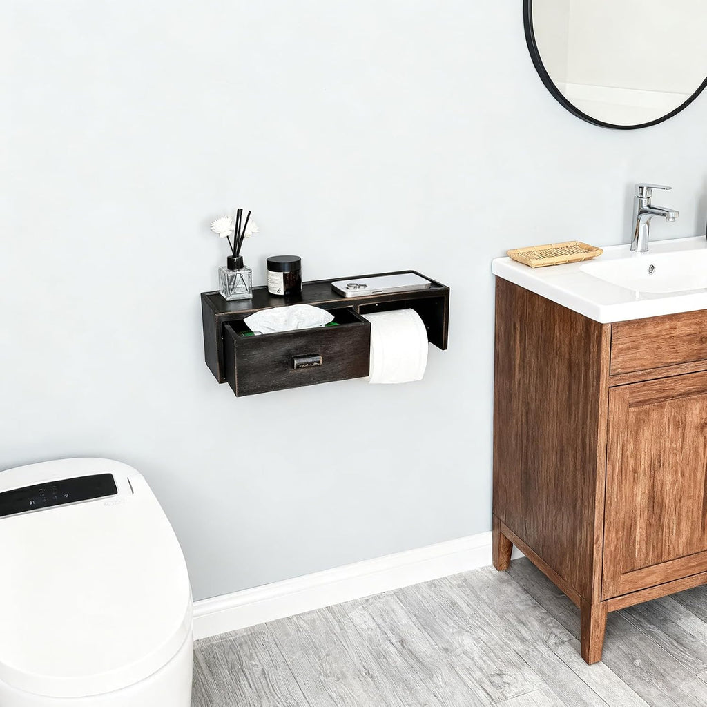 Large Bamboo Toilet Paper Holder with Shelf & Wet Wipes Storage Drawer