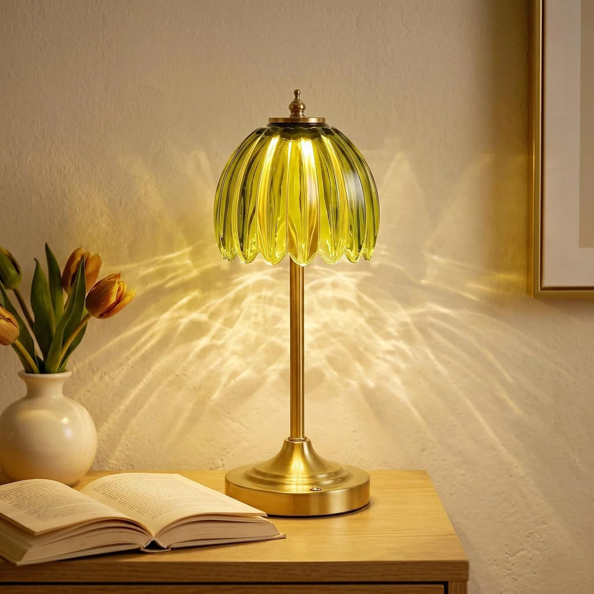 Glass Tulip Rechargeable Table Lamp, Cordless Flower Table Light -Green