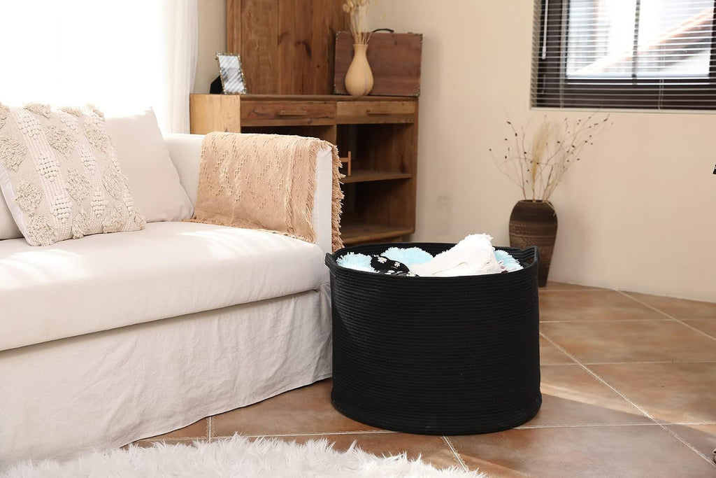 24x24x17 Inch Cottonphant Extra Large Round Blanket Basket for Living Room, Open Woven Cotton Rope Storage Basket, Jumbo Bin for Bedroom Playroom, Black