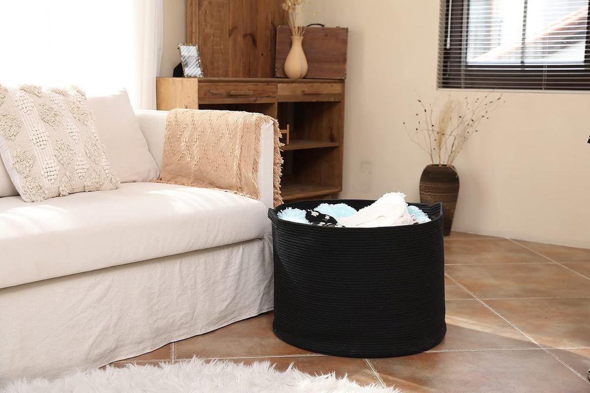 24x24x17 Inch Cottonphant Extra Large Round Blanket Basket for Living Room, Open Woven Cotton Rope Storage Basket, Jumbo Bin for Bedroom Playroom, Black