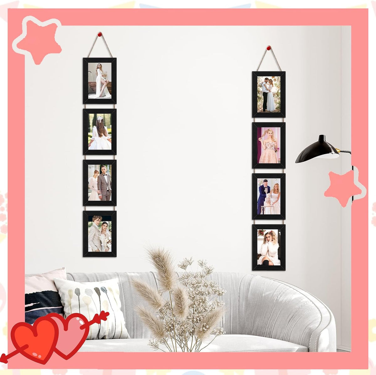 4x6 Black Hanging Collage Picture Frames Set of 2, 8 Openings Collage Photo Frames Rustic Wooden Real Glass Vertical Hanging