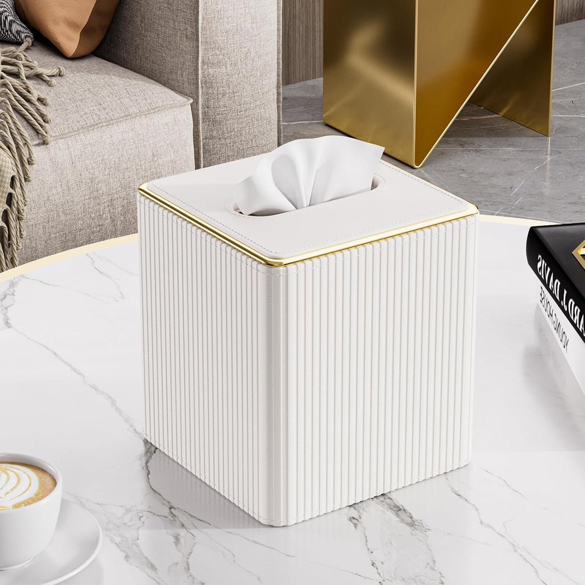 GORESE Tissue Box Cover Square Kleenexs Box Cover, PU Leather Tissue Cover with Gold-Tone Edging, Cube Tissue Box Holder for Bathroom Livingroom Car, Modern Decorative Kleenexs Cover, Cream White