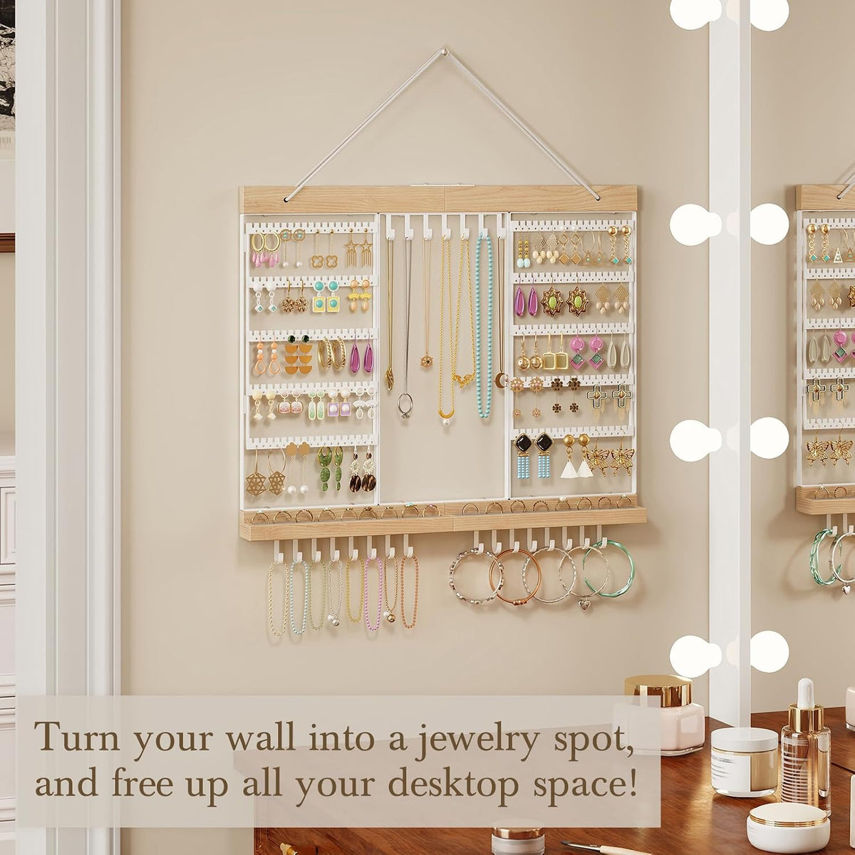 Large Rotating Hanging Jewelry Organizer, 5-Tier Wall Mounted Earring Holder for 180 Pairs, Jewelry Rack for Earrings, Necklaces, Bracelets & Rings, Necklaces, Bracelets & Rings, for Girls, White