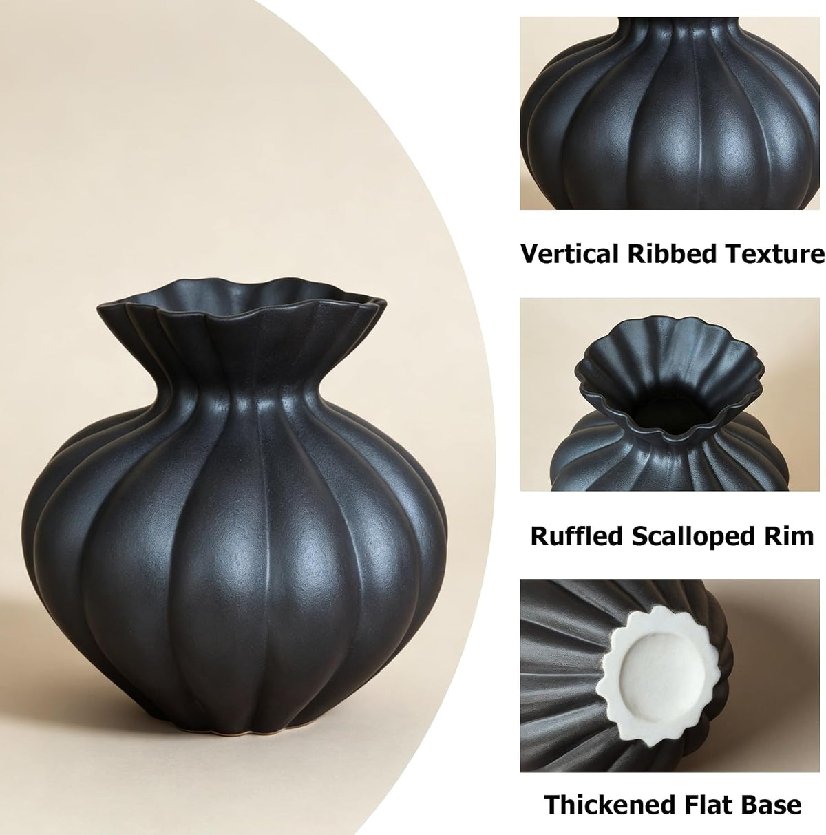 Ceramic Vase, Modern Boho Flower Vase for Home Decor, Unique Vase for Farmhouse Living Room Cabinet Table Centerpieces Wedding Decorations (Extra-Wide-Black)