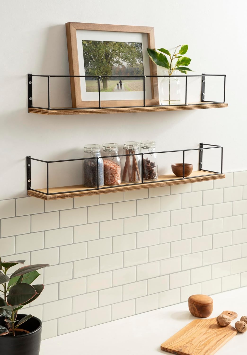Kate and Laurel Benbrook 24 inch 2-Pack Wood and Metal Floating Wall Shelves, Rustic Brown and Black