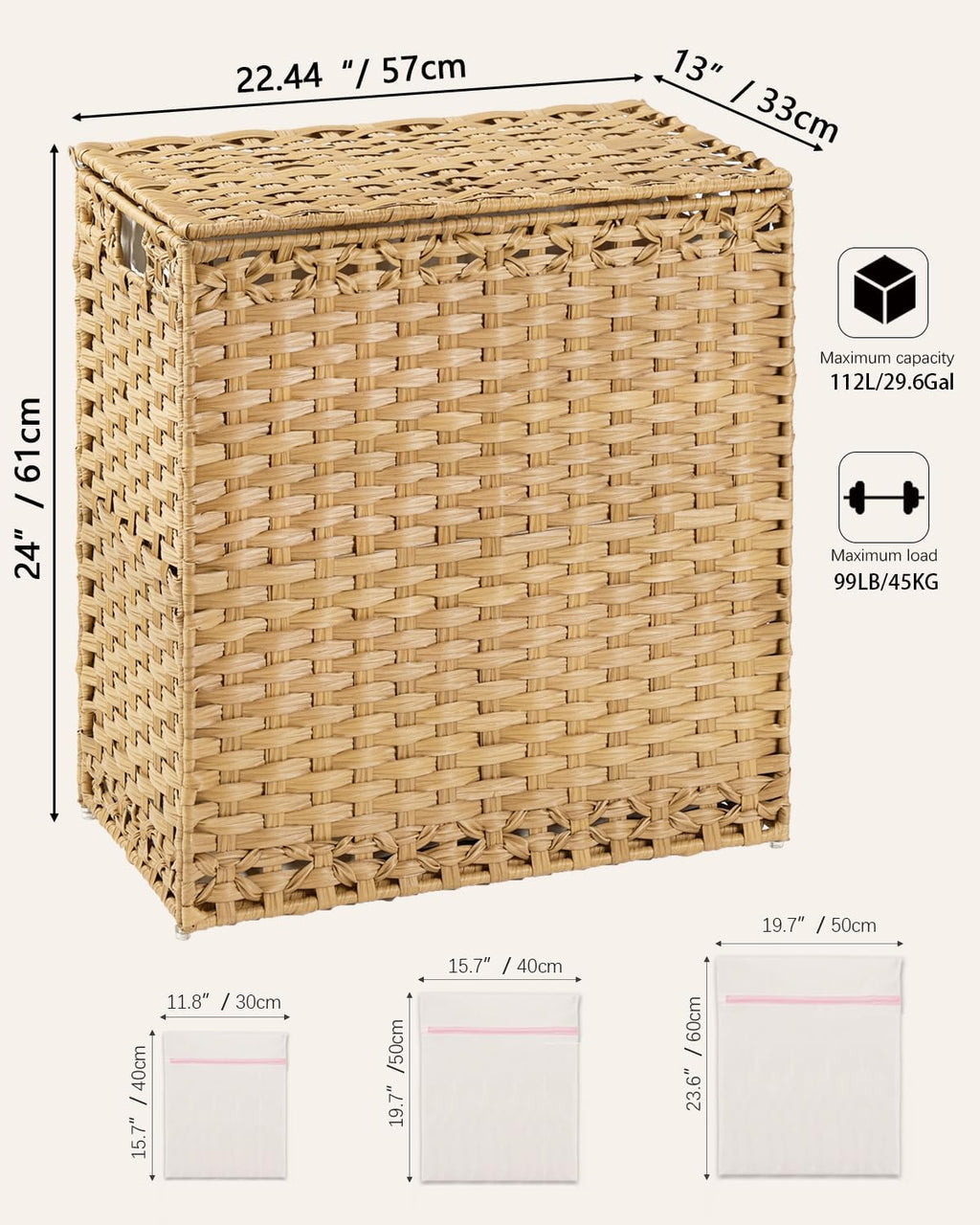 SETVSON Laundry Hamper with Lid Wicker Laundry Basket 112L, Natural