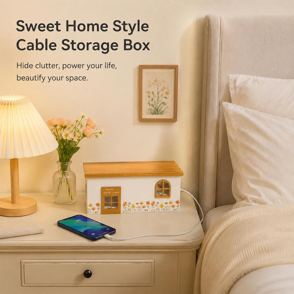 Wood Cable Management Box, Cord Hider & Organizer for Power Strip