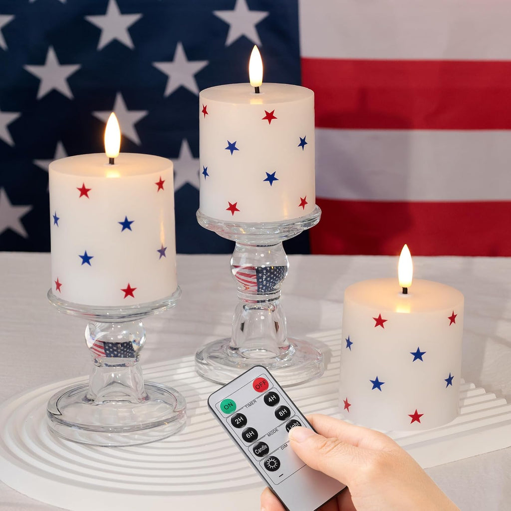 4th of July Flameless Pillar Candles with Red White and Blue Star Stickers, 250th Anniversary Patriotic Battery Operated LED Pillar Candles with Remote and Timer, Real Wax Candle Set of 3