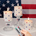 4th of July Flameless Pillar Candles with Red White and Blue Star Stickers, 250th Anniversary Patriotic Battery Operated LED Pillar Candles with Remote and Timer, Real Wax Candle Set of 3