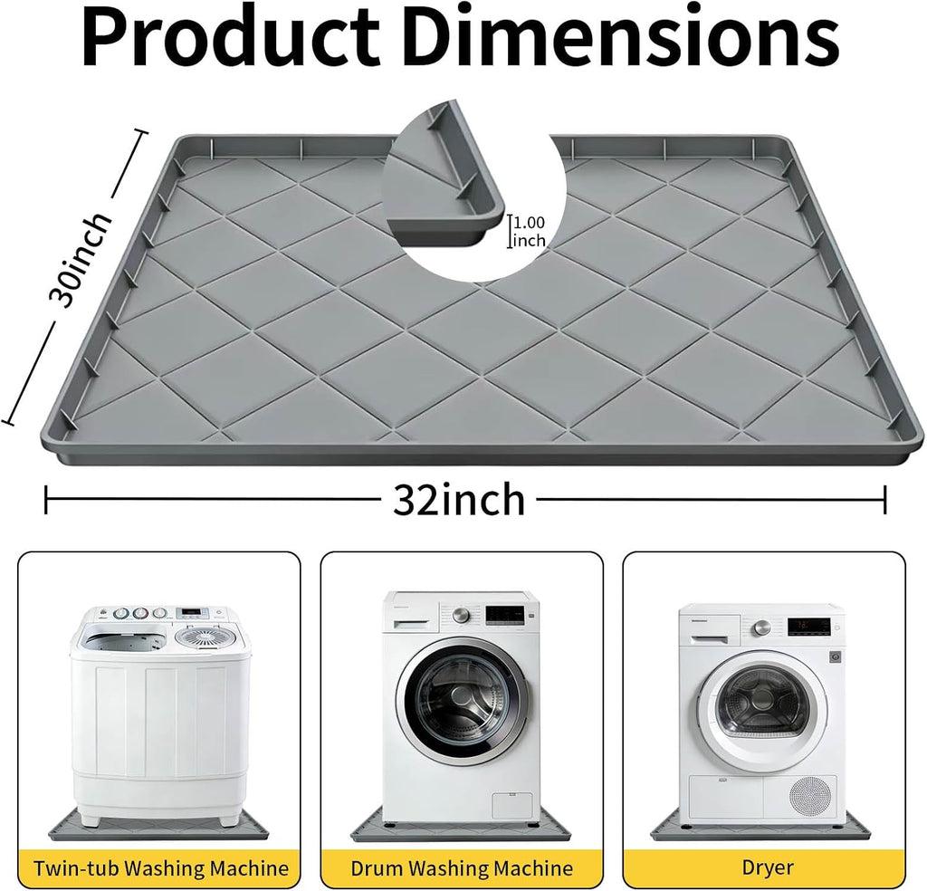 32" x 30" Foldable Washing Machine Drain Pan Silicone Mat,Grey