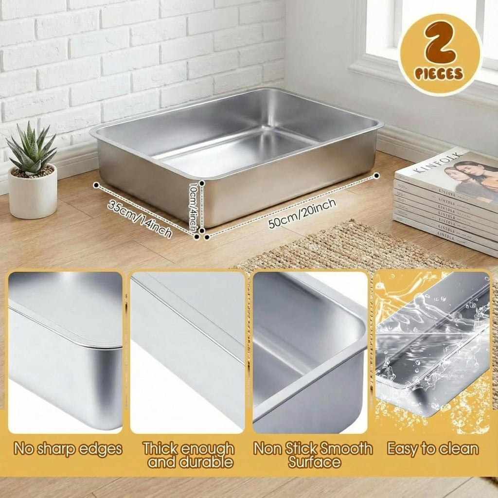 Suclain 2 Pack Stainless Steel Boot Trays for Entryway Under Sink Mat Tray Litter Box for Kitchen Cats Cabin Bathroom Office Storage Decoration, 20 x 14 x 4 in, Non-Slip Rubber Feet(20 x 14 x 4 Inch)