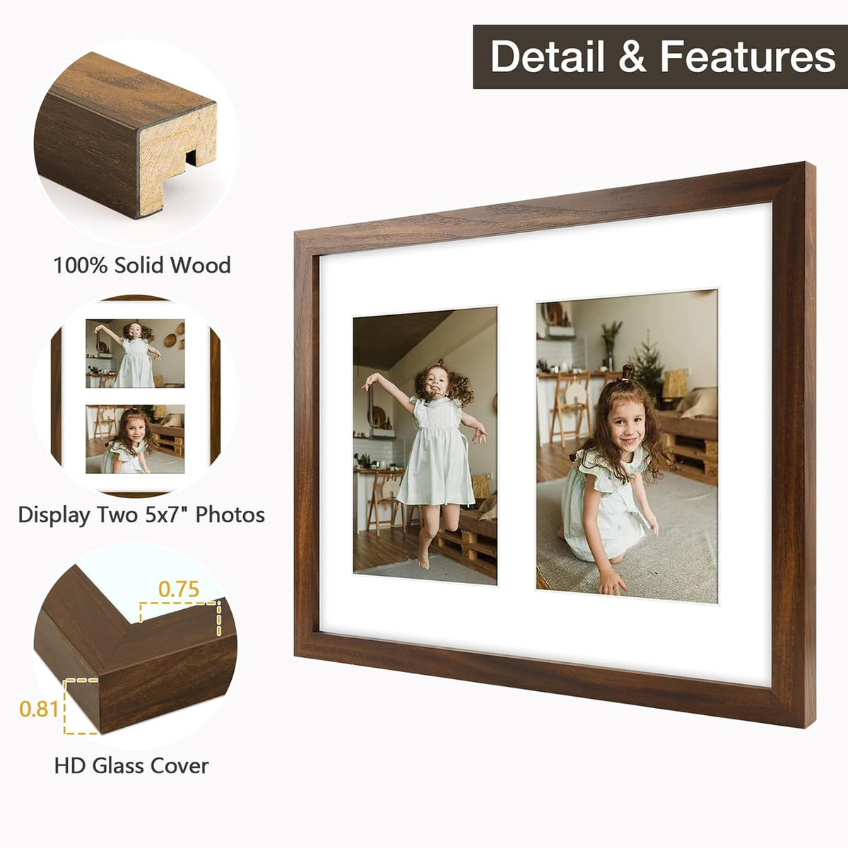 Golden State Art 11x14 Brown Wood Frame - for Two 5x7 Pictures, 1 Pack
