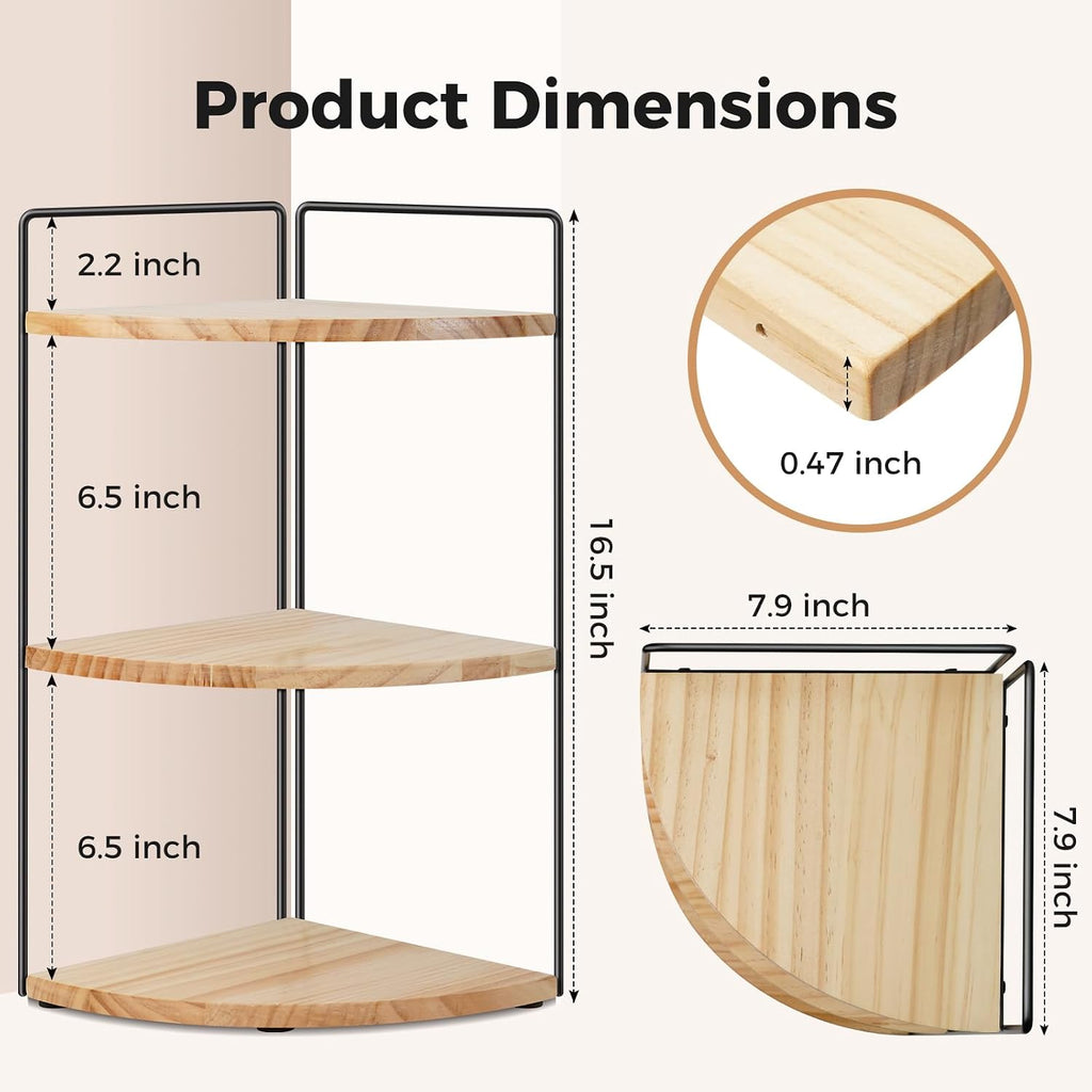 3 Tier Corner Bathroom Counter Organizer – Solid Wood + Metal Stand, Bathroom Countertop Organizer for Skincare, Makeup & Vanity, Space-Saving Rustic Storage for Sink, Kitchen & Bathroom