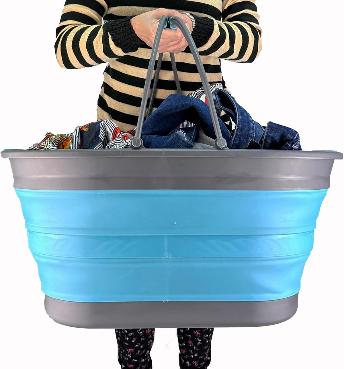 SAMMART 38L (10 Gallons) Collapsible Plastic Laundry Basket - Foldable Storage Container/Organizer - Portable Washing Tub - Space Saving Laundry Hamper (Grey/Crystal Blue)