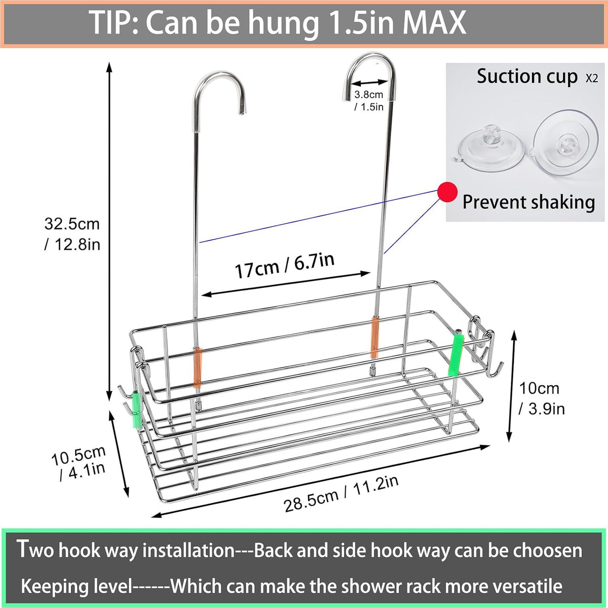 1-Tier Shower Caddy Hanging Shower Rack with Hooks Over The Door