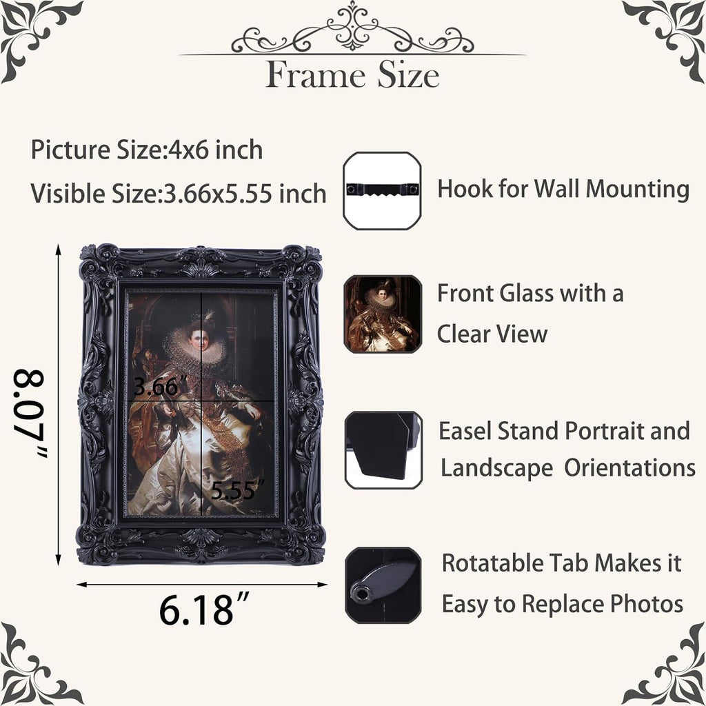 4x6 Vintage Picture Frames Ornate Black Antique Picture Frames 4x6 photo frame with Front Glass for Wall Hanging and Tabletop Unique Home Decor Wall Decor Living Room Victorian Style