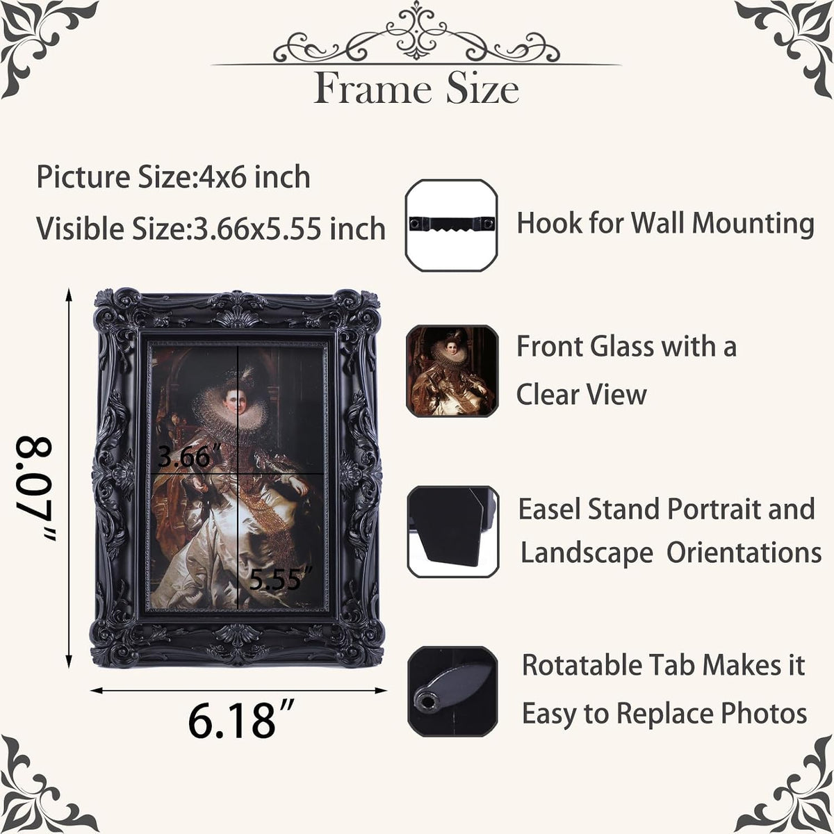 4x6 Vintage Picture Frames Ornate Black Antique Picture Frames 4x6 photo frame with Front Glass for Wall Hanging and Tabletop Unique Home Decor Wall Decor Living Room Victorian Style