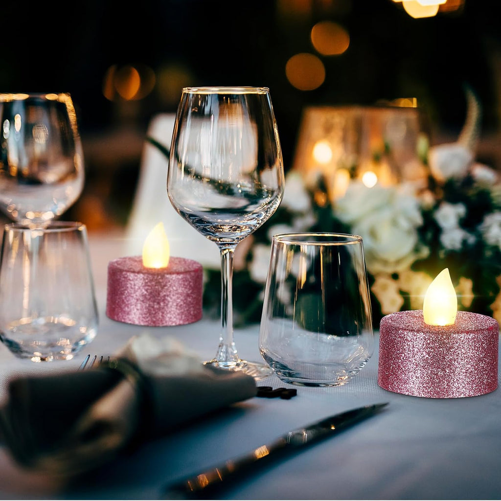 Retisee 48 Pcs Flameless LED Tea Lights Glitter Electric Fake Candles for Centerpieces Battery Operated Anniversary Decorations Romantic Winter Decor for Wedding Christmas Birthday (Pink)