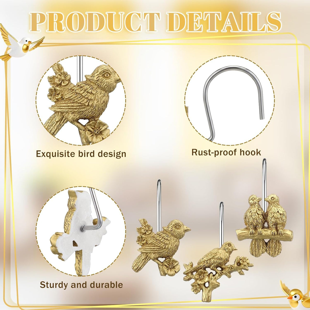 Amyhill 12pcs Gold Bird Shower Curtain Hooks Vintage Bathroom Antique Decor