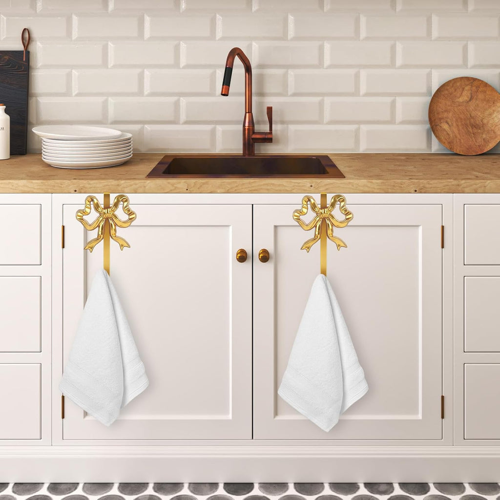 JarThenaAMCS 2Pcs Gold Bow Over The Door Hooks Metal Door Hanger Hook Coquette Towel Coat Hanger for Home Kitchen Bedroom Bathroom Decor