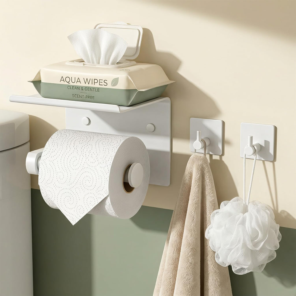 Tindbea Toilet Paper Holder with Phone Shelf + Towel Robe Hooks, Adhesive or Screw Wall Mounted Toilet Paper Roll Storage Dispenser, Stainless Steel Bathroom Tissue Roll Holder (White)
