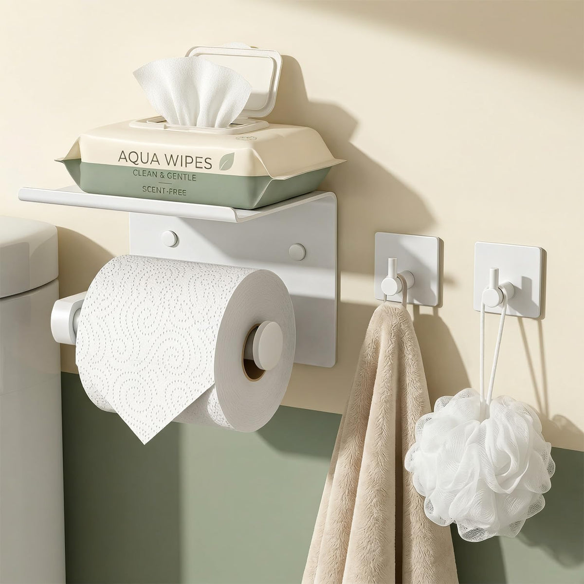 Tindbea Toilet Paper Holder with Phone Shelf + Towel Robe Hooks, Adhesive or Screw Wall Mounted Toilet Paper Roll Storage Dispenser, Stainless Steel Bathroom Tissue Roll Holder (White)