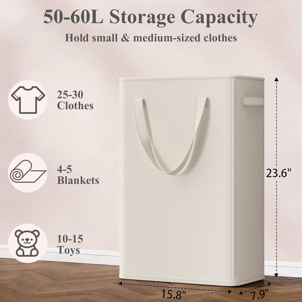 Optish 50L Slim Laundry Hamper, Baby Hamper for Nursery with Handles, Narrow Laundry Basket for Dorm, Bedroom, Living Room, Collapsible Laundry Basket, White