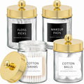 Amolliar Glass Apothecary Jars Qtip Holder w/Plastic Lids, Gold 4pc