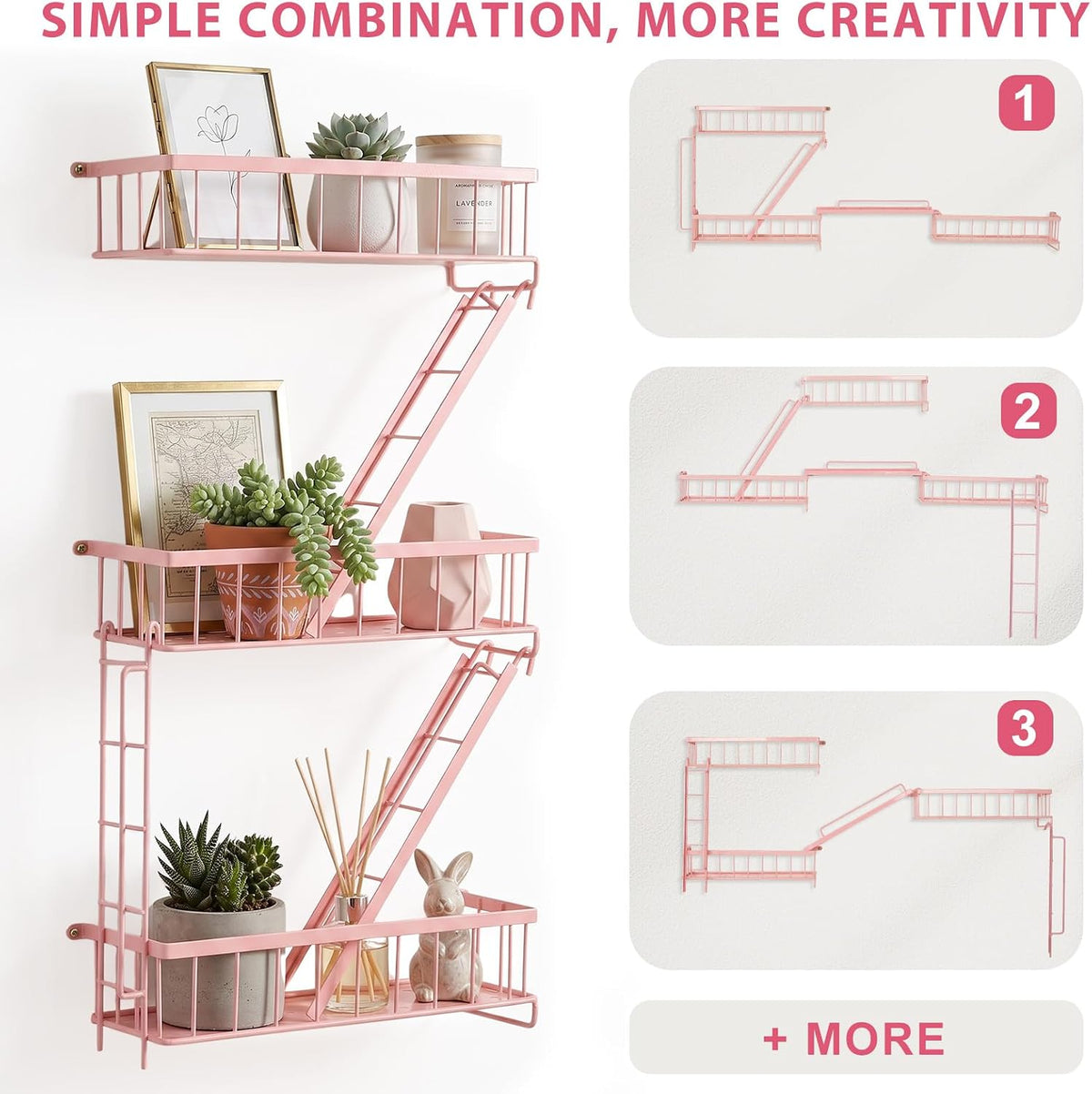 SweetSage Fire Escape Shelf - Pink Wall Decor Floating Shelves, Cute Metal Ladder Shelving for Bedroom, Home Decor Display (3-Tier)