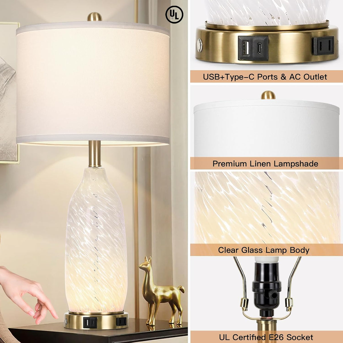 Rinweey 26" Modern Clear Glass Table Lamp Nightstand Lamp with USB A+C Ports & AC Outlet,Bedside Lamps with 3-Way Dimmable Touch Control Night Light for Bedroom Living Room,Single White