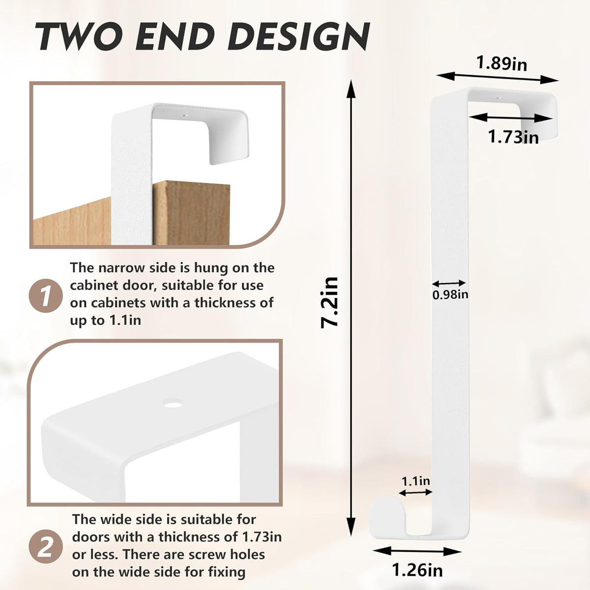 Over The Door Hooks 2 Pack, Only Fit Doors & Cabinets Within 1.7" Thick, 12 lb Capacity, No Drill Hanger Organizer for Coat, Towel, Robe, Bag