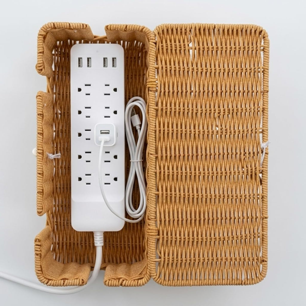 Rattan Cable Management Box, Woven Cord Organizer and Cord Hider with Lid to Hide Power Strips, Aesthetic Wire Hider for Home Office Desk, 13" x 5.91" x 5.12"