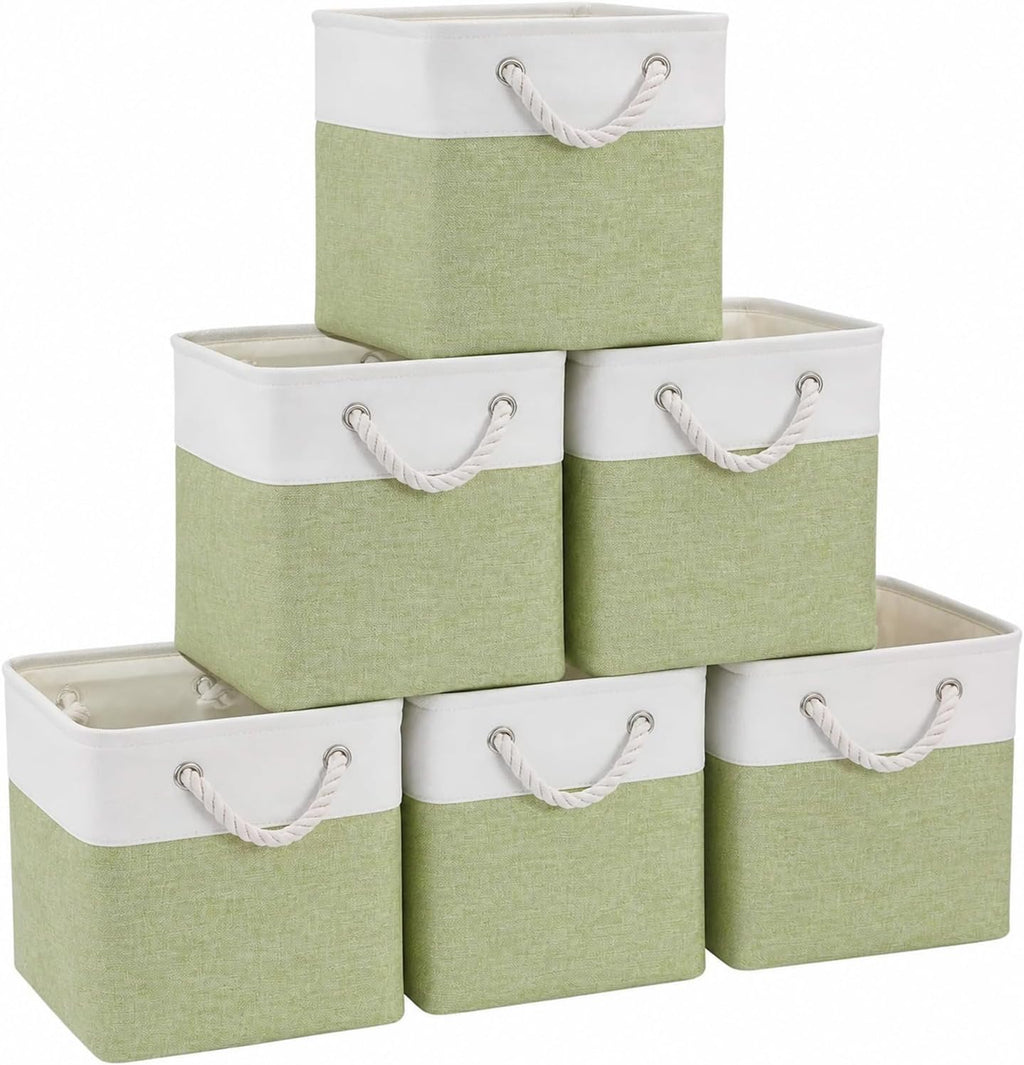 Fabric Storage Cubes 13 x 13, Collapsible Storage Bins for Shelf Baskets, Cube Storage Organizer White Green Bins with Cotton Handles, Foldable Storage Bin box, Cube Storage Bin 6 Pack