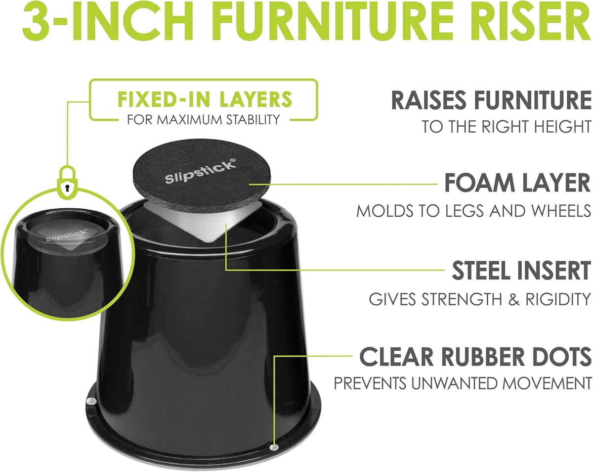 Slipstick CB672 Premium 3 Inch Bed Risers/Furniture Raisers with Steel Reinforced Caster Wheel Holder Top, Lifts Height 3" (4 Pack) Supports 2,640 Pounds, Black, Stackable with CB671